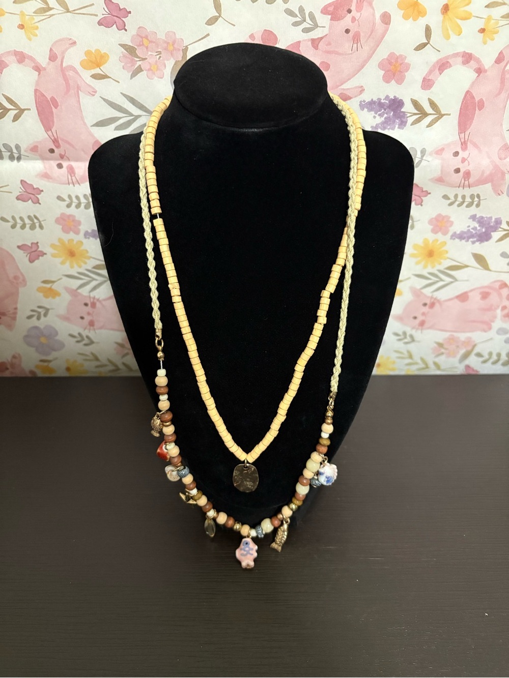 Free People Nash Layered Beaded Necklace in Cream Brown with Charm Accents. NWT